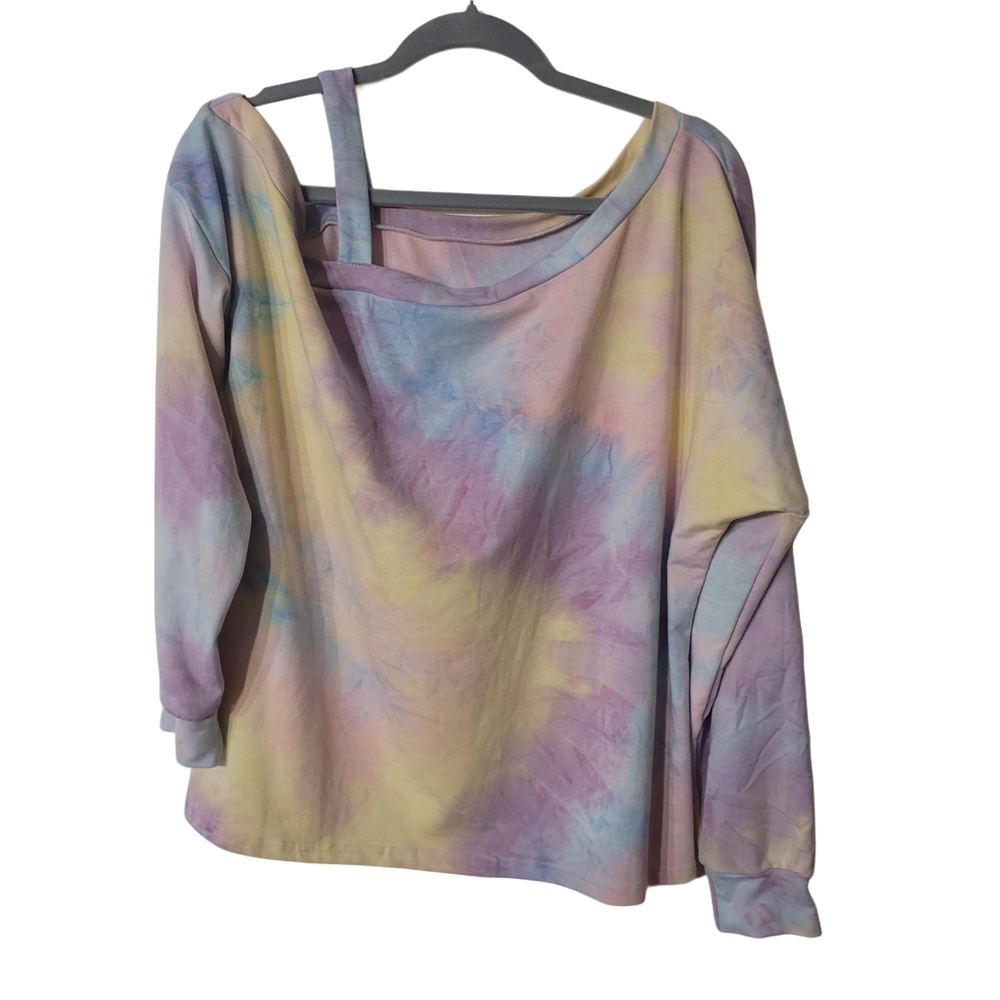 Purple and Pink Tie-Dye Asymmetrical Off The Shoulder Top Size Large